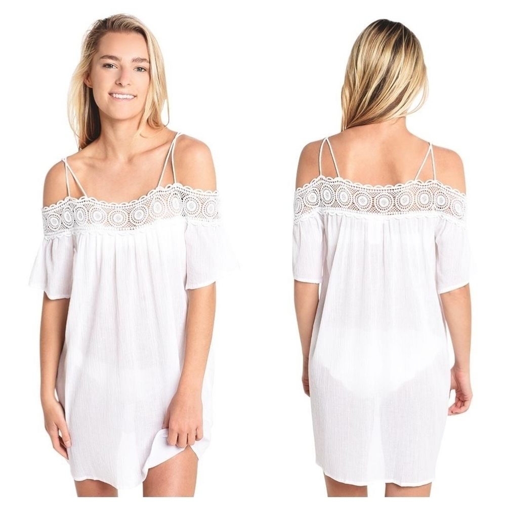LA BLANCA Island Goddess Off The Shoulder Dress Size S/M White Lace Semi Sheer